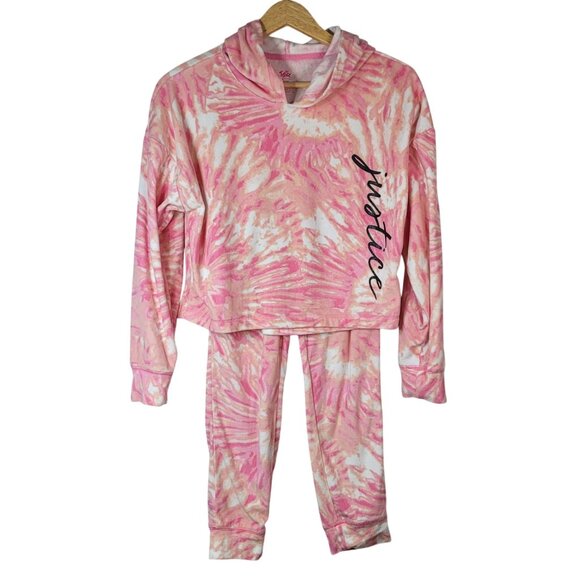 Justice Pajama Set Pink Medium Tie Dye Hood Joggers Long Sleeves Logo Fleece - Picture 1 of 12
